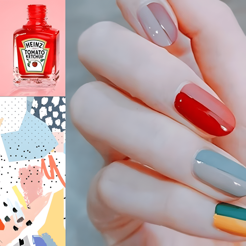 Manucure Vernis Heinz Ketchup : Design d'Ongles Créatif Vernis à ongles Heinz Tomato Ketchup et manucure bicolore créative sur fond de motifs abstraits colorés.